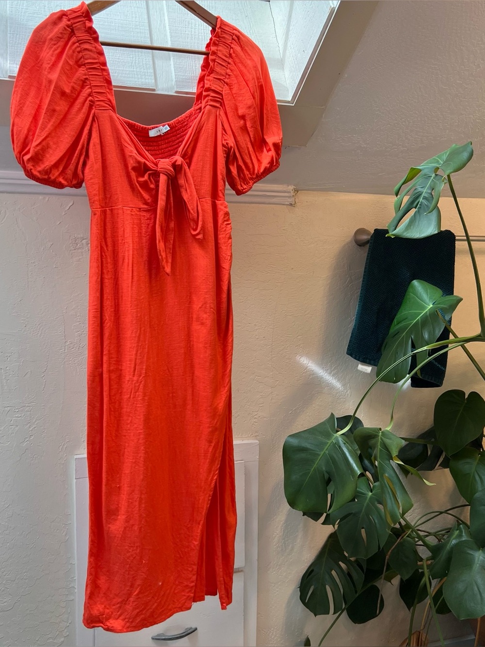 Red Orange Puff-Sleeve Tie-Front Midi Dress